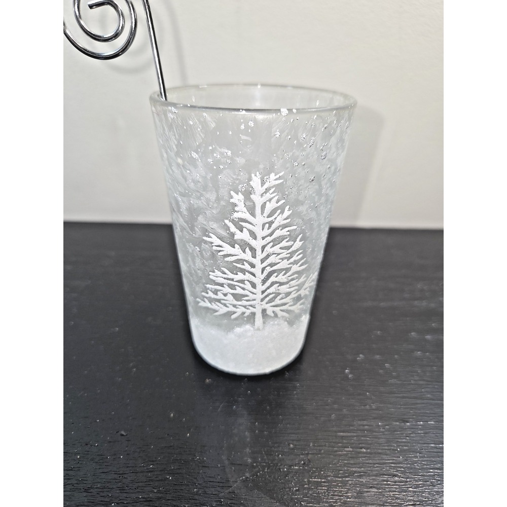 Pair Frosted Glass Votive Candle Holders‎ White Trees Snow Metal Ladle Holder